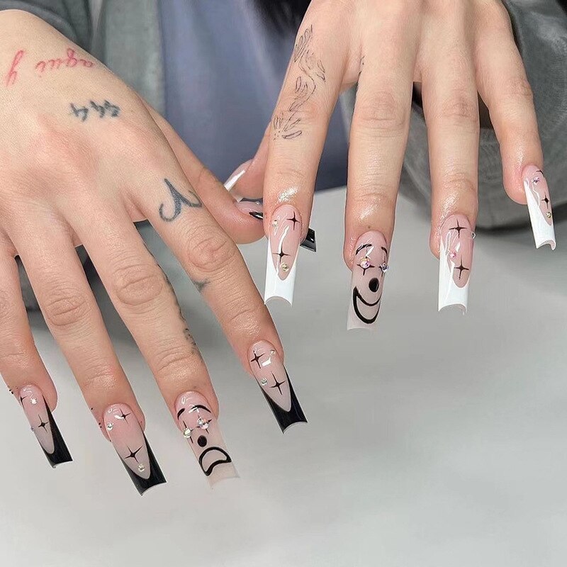 Black White French Stars Rhinestone Wearable Long Ballet Fake Nails Full Cover Finished False Nails Press on Nails with Glue
