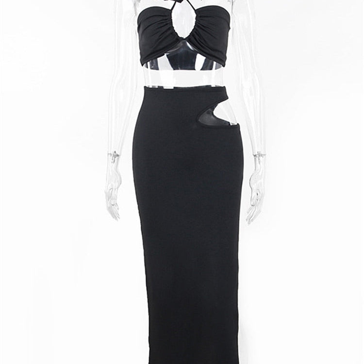 Nsauye Summer Casual Beach Women Sexy Club Skirt Suit Hollow Out Skinny Halter Crop Tops And Long Wrap Skirt Two Piece Set