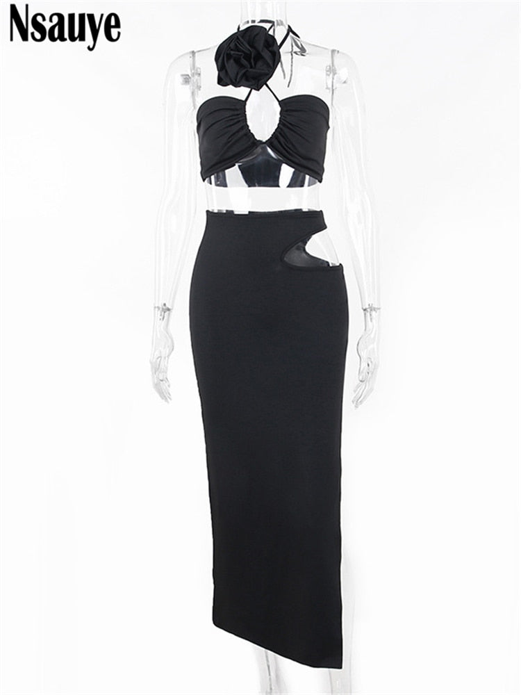 Nsauye Summer Casual Beach Women Sexy Club Skirt Suit Hollow Out Skinny Halter Crop Tops And Long Wrap Skirt Two Piece Set