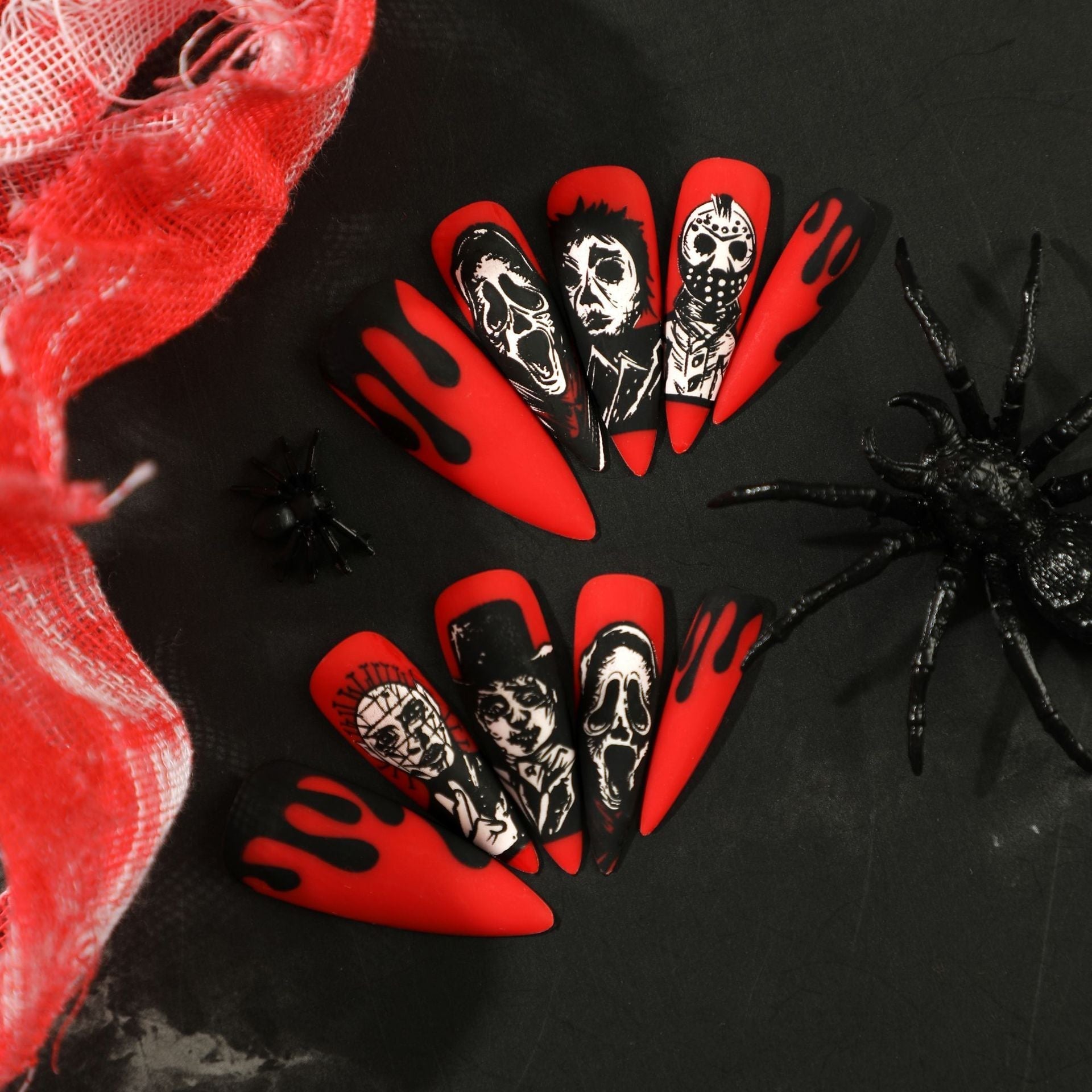 Halloween Nail Art Red and Black Contrast False Nails Kit Skeleton Ghost Face Press On Nail 24pcs Halloween Manicure Full Cover