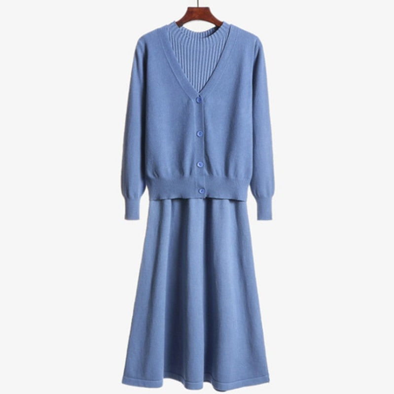 Women's Sweater Sets Autumn Winter V Neck Knitted Cardigan Coat Tops Long Dresses 2 Piece Sets Women Outfit Female Clothing Light Blue One Size