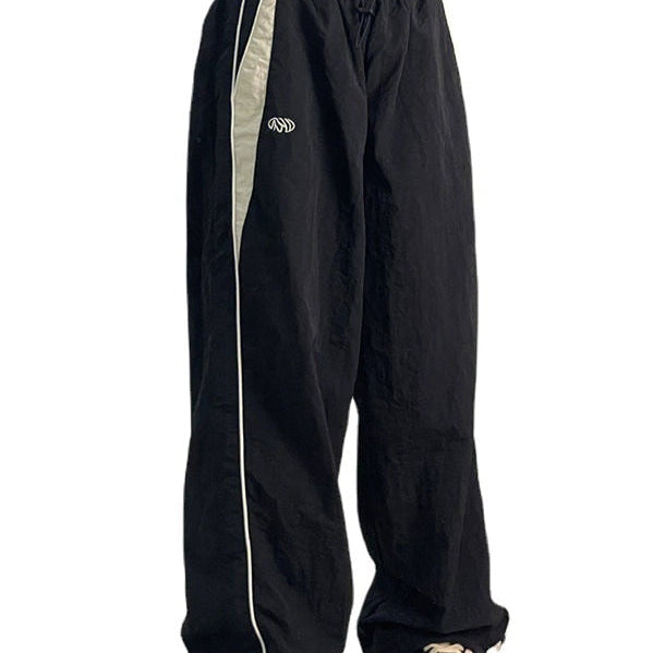 Women Spring Retro Solid Loose Drawstring Trousers Casual Joggers Baggy Wide Leg Sweatpants Mid Waist Sporty Y2k Female Clothes black