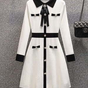 Small Fragrance Fall Winter Knitted Sweater Dress Women Bow Tie Buttons Vintage Party Mini Dress Elegant Casual Chic Robe Femme White One Size
