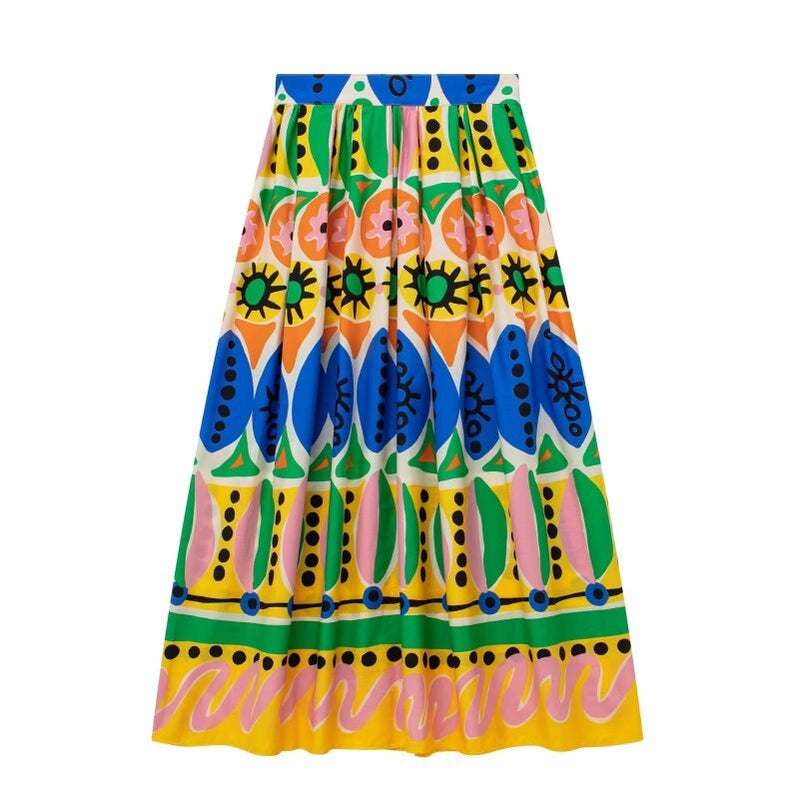 KJMYYX 2023 Fashion Summer Print Skirt Sets For Women Female Causal Halter Sleeveless Camisole Tops A-Line Mid-Calf Skirt AE099Skirt