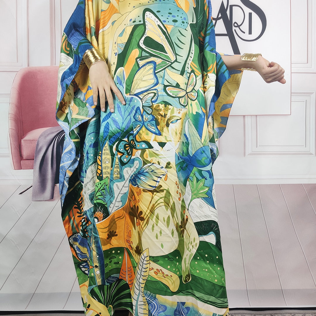 Kuwait Fashion - 2023 Summer Boho Loose Silk Kaftan Maxi Dress Oversized African Muslim Lady Abaya color 7 One Size