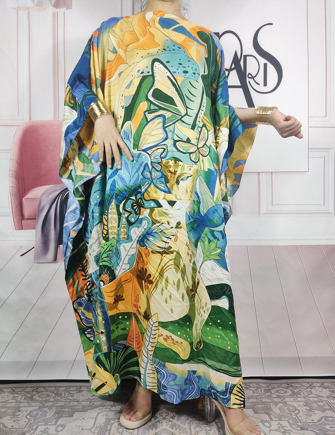 Kuwait Fashion - 2023 Summer Boho Loose Silk Kaftan Maxi Dress Oversized African Muslim Lady Abaya color 7 One Size
