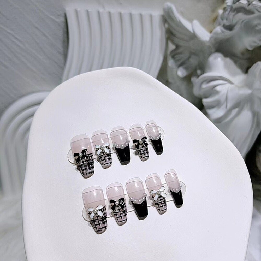 Autumn French False Nails with Butterfly Pearl Decor Bride Fake Nail Wearable Press on Nails Coffin Ballet Nail Tips for Girls
