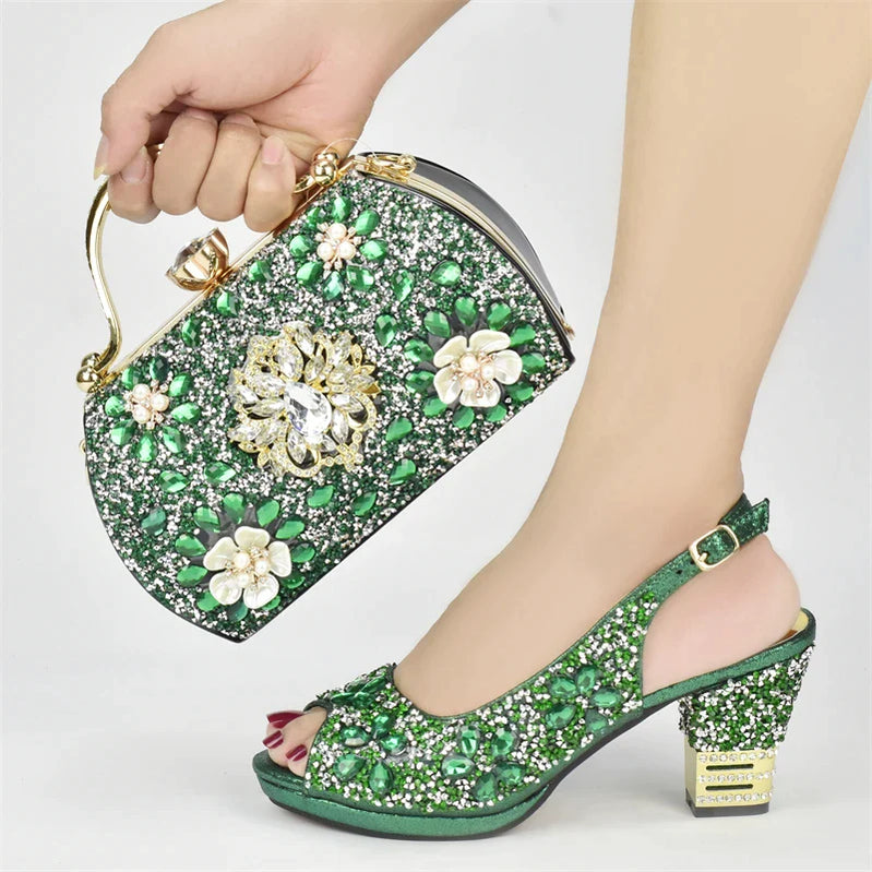 Nigerian Party Shoes with Bag Set Decorated with Rhinestone Shoes for Women Designer Luxury Wedding Shoes Bride Green