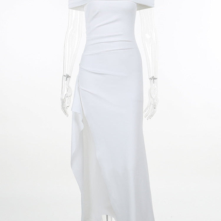 Mozision Off-shoulder Ruffled Thigh High Split Maxi Dress For Women Slash Neck Backless Bodycon Sexy Party Evening Dress Elegant White
