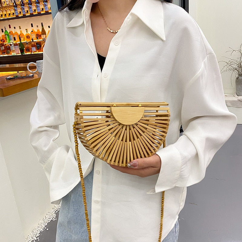 Semicircle Bamboo Small Crossbody Shoulder Bags with Handle for Women Summer Branded Luxury Beach Handbags Fashion Weave