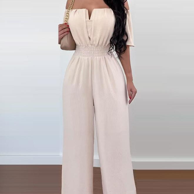Jumpsuits for Women Spring Fashion Off Shoulder Casual Plain Short Sleeve Shirred Waist Daily Long Wide Leg Jumpsuit G