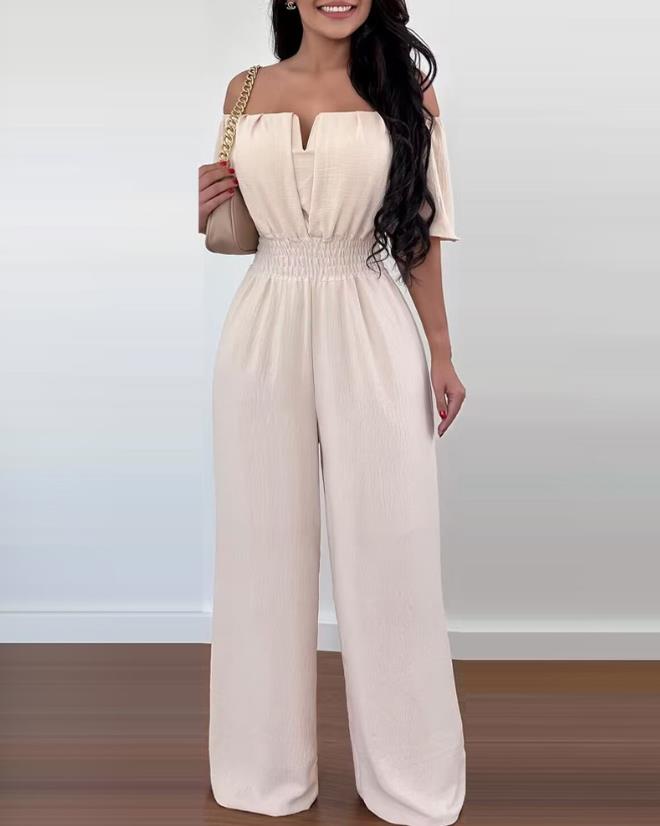 Jumpsuits for Women Spring Fashion Off Shoulder Casual Plain Short Sleeve Shirred Waist Daily Long Wide Leg Jumpsuit G