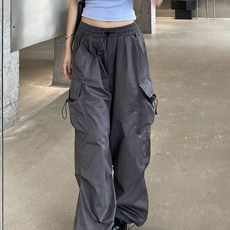 Zoki Streetwear Hip Hop Cargo Pants Women Fashion Pockets Oversize Loose Trousers Summer Bf Korean High Waist Wide Leg Pants New Gray