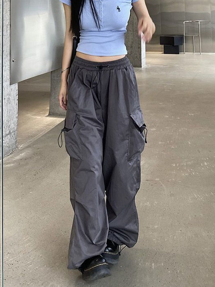 Zoki Streetwear Hip Hop Cargo Pants Women Fashion Pockets Oversize Loose Trousers Summer Bf Korean High Waist Wide Leg Pants New Gray
