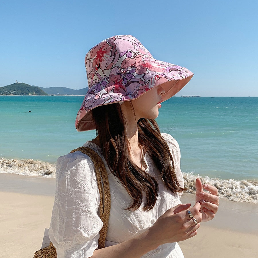 Spring Summer Print Reversible Sun Beach Hat Woman Girl Outdoor Travel Vacation Fisherman Cap Wide Brim 12.5cm Visor Hat