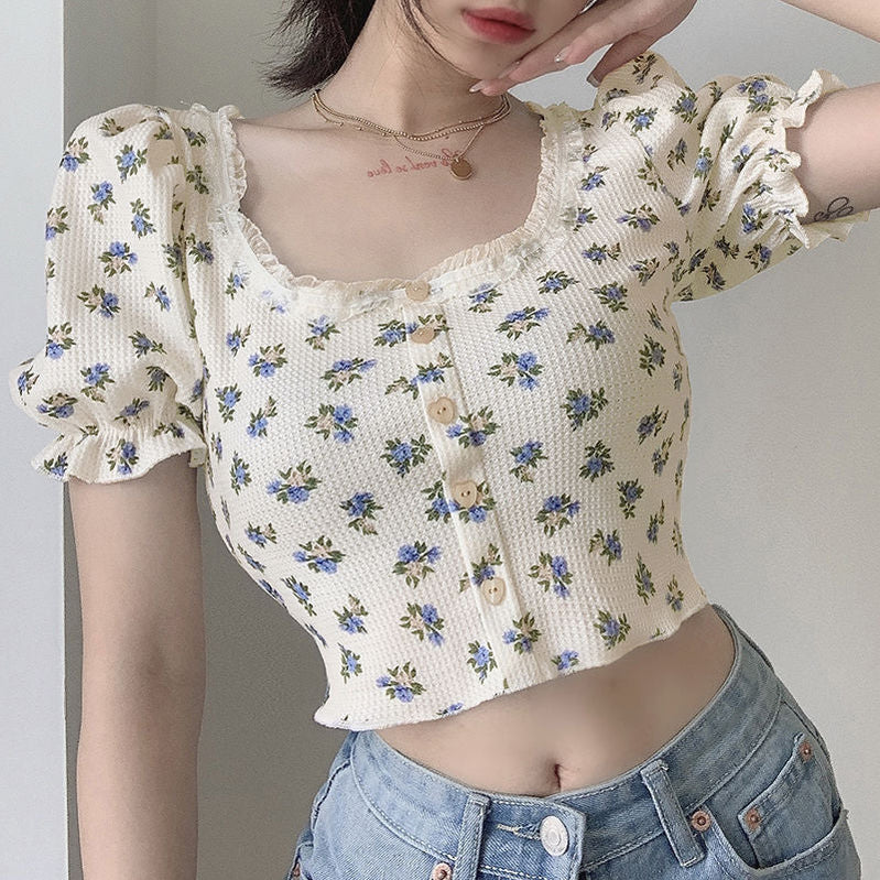 Sexy Women Slim Crop Top Tees T Shirt Low Cut Short Sleeve Floral Female Teenage Girls Femmes T-Shirt Cross Wrap Y2K