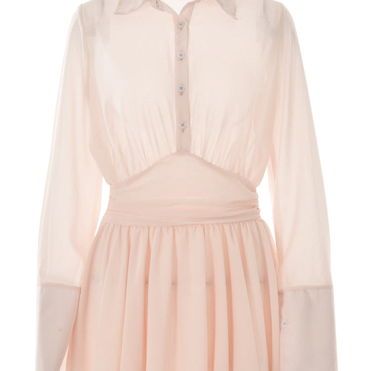 Sexy Women Chiffon Turndown Collar White Ruched Mini Dress Chic Single Breasted Longsleeve Slim Fall Dresses pink