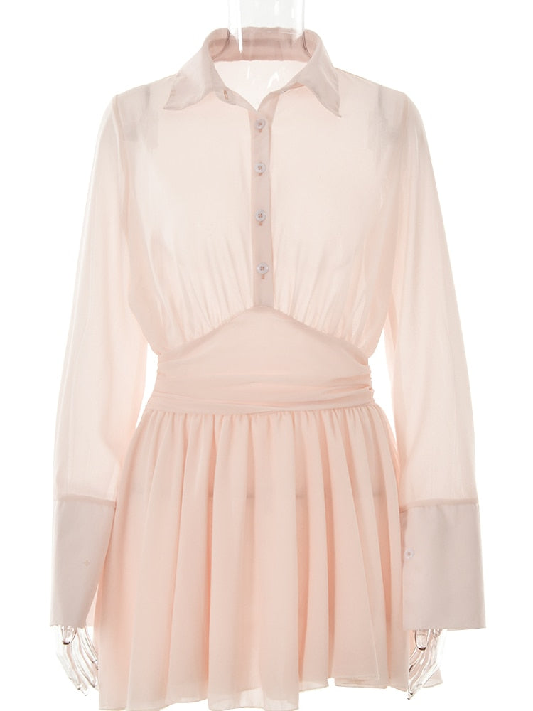 Sexy Women Chiffon Turndown Collar White Ruched Mini Dress Chic Single Breasted Longsleeve Slim Fall Dresses pink