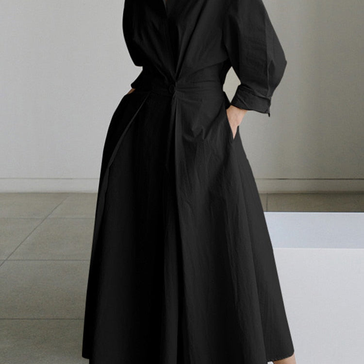 Oversized Elegant Women Spring Sundress ZANZEA Fashion Lapel Neck Long Sleeve Solid Long Shirt Dress OL Vestidos Robe Femme A-Black