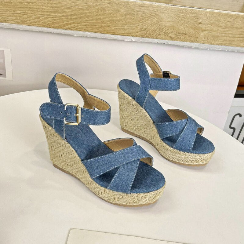 Wedge Sandals for Women Ankle Strappy Cute Shoes Open Toe Platform Womens Sandals Casual Summer High Heels Blue