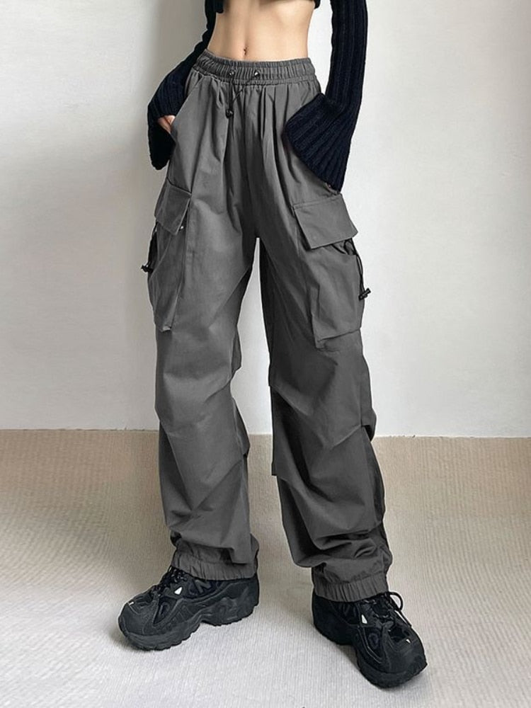Women Parachute Cargo Pants Hip Hop Streetwear Casual Harajuku Elastic Waist Wide Leg Pants Fashion New Solid Straight Trousers Grey