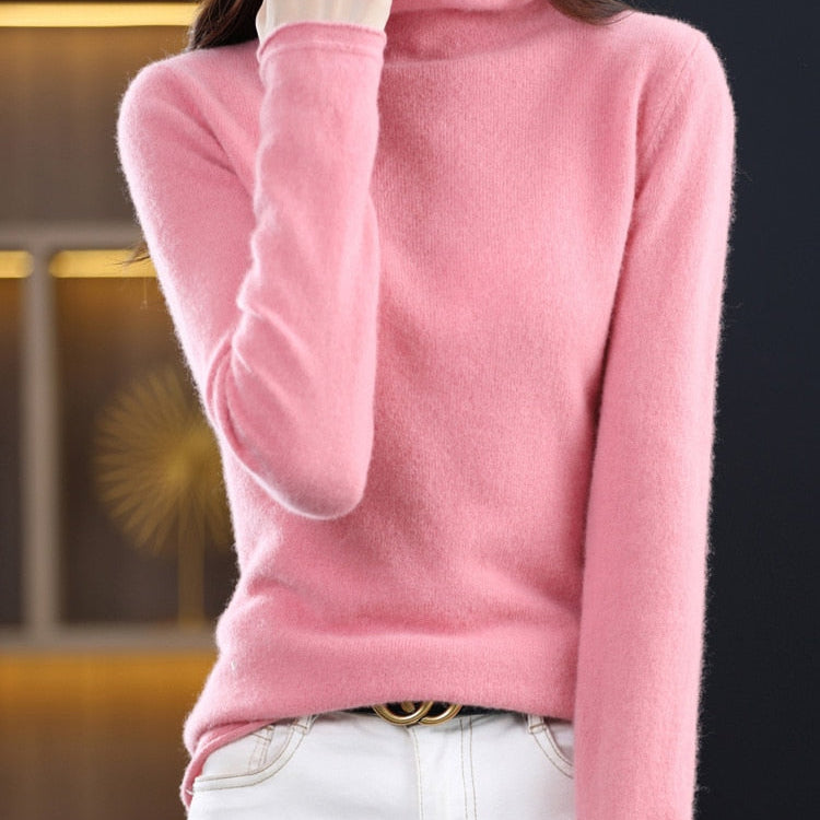 Pure Wool Women Sweater Autumn Winter Fashion Pile Collar Pullover Cashmere Sweater Casual Long-sleeved Knitted Tops Pi Pink