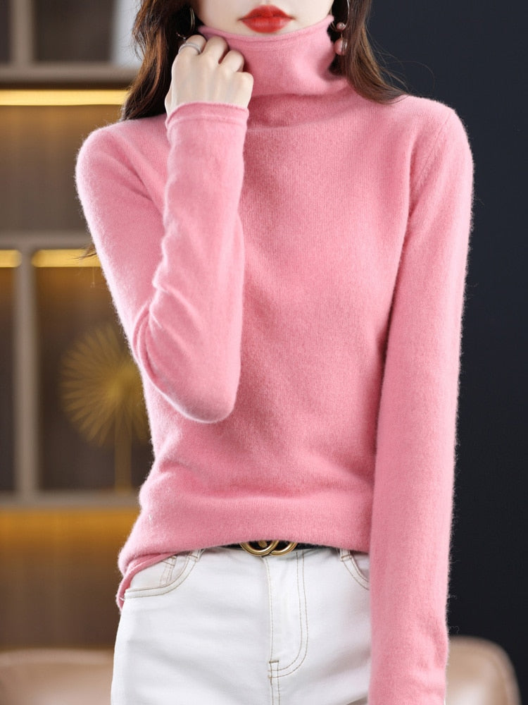 Pure Wool Women Sweater Autumn Winter Fashion Pile Collar Pullover Cashmere Sweater Casual Long-sleeved Knitted Tops Pi Pink