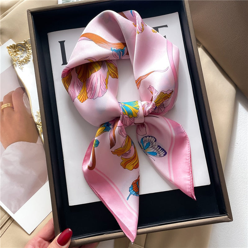 Fashion Hair Scarf for Women Decor Headband Ribbon Satin Silk Square Scarves Lady Wrist Wrap Shawls Design Bandana Foulard FJ703-1