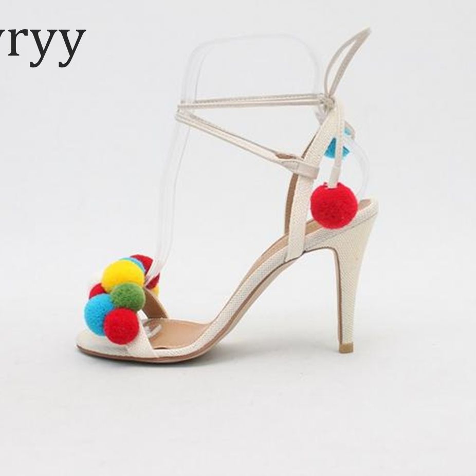 Colorful Fur Ball Strappy Sandals Summer Cute Roman Women's Shoes Red Temperament Pointy Toe Open-toed Strappy High Heels 41