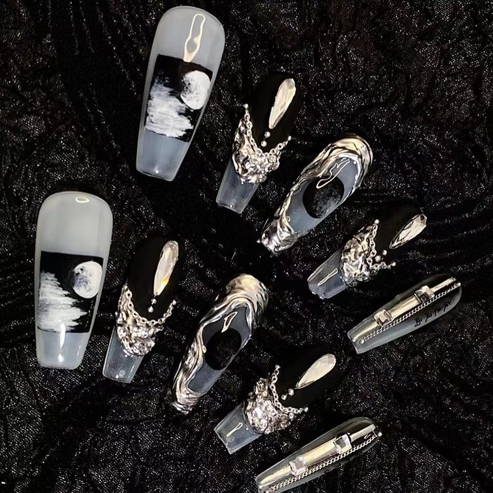Fashion Cool Personality Cosplay Party Nails Long Coffin 3D High-End Chain Nail Tips Girls Gift Accessories