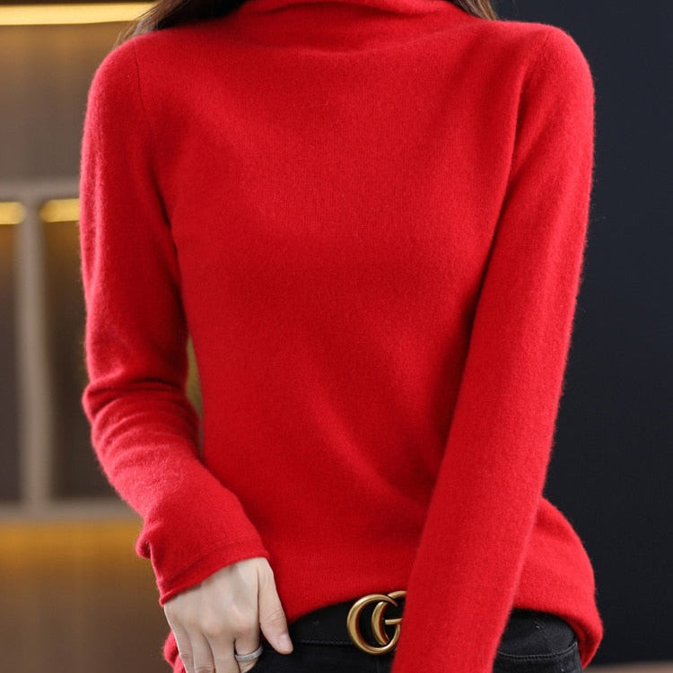Pure Wool Women Sweater Autumn Winter Fashion Pile Collar Pullover Cashmere Sweater Casual Long-sleeved Knitted Tops Red