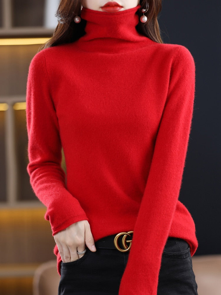 Pure Wool Women Sweater Autumn Winter Fashion Pile Collar Pullover Cashmere Sweater Casual Long-sleeved Knitted Tops Red