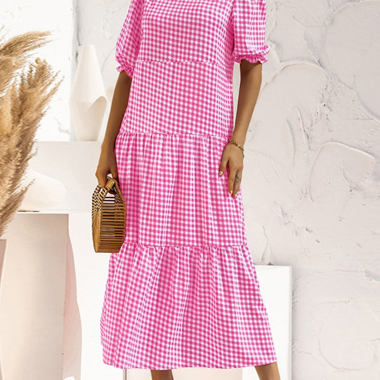 Summer Long Maxi Dress Women Casual Short Sleeve Square Collar Vintage Plaid Party Bohemian Vestidos Loose Sundress B-Pink Spain