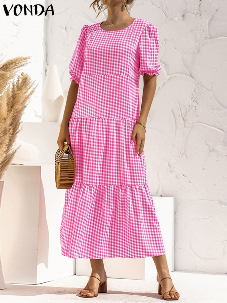 Summer Long Maxi Dress Women Casual Short Sleeve Square Collar Vintage Plaid Party Bohemian Vestidos Loose Sundress B-Pink Spain