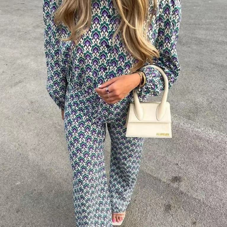 Autumn Vintage Floral Printed Long Pants Suits For Women Tied Hem Crop Top Wide Leg Loose Pants Female 2 Piece Sets Outfits