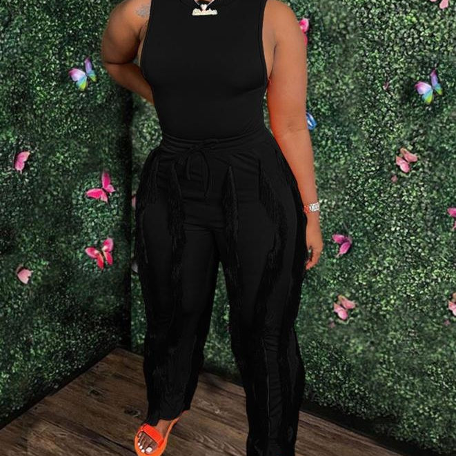 Fashion Solid Romper Casual Tank Top &amp; Tassel Decor Drawstring Pants Set Skinny Tank Jumpsuits Summer Female Outfit Streetwear G