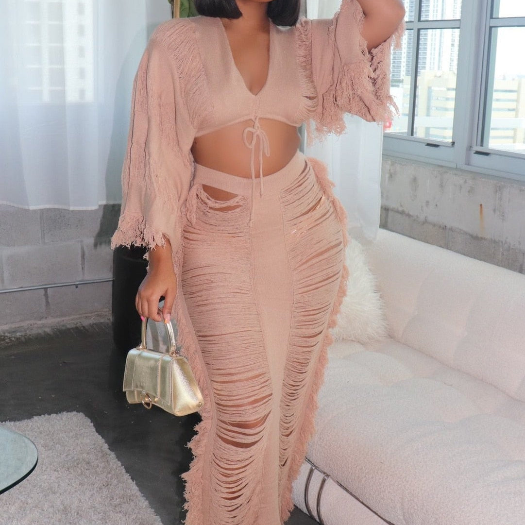 Elegant Hollow Out Hole Tassel 2 Piece Set Women Sexy Lace Up V Neck Crop Top + Long Skirts Skinny Club Party Beach Outfits 2023