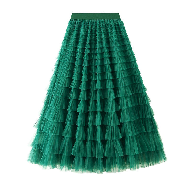 Summer Long Skirt Layered Ruffles Design Elegant Maxi Dress Office Women Commuting Party Attire Autumn Elegant Skirt Long Dark green
