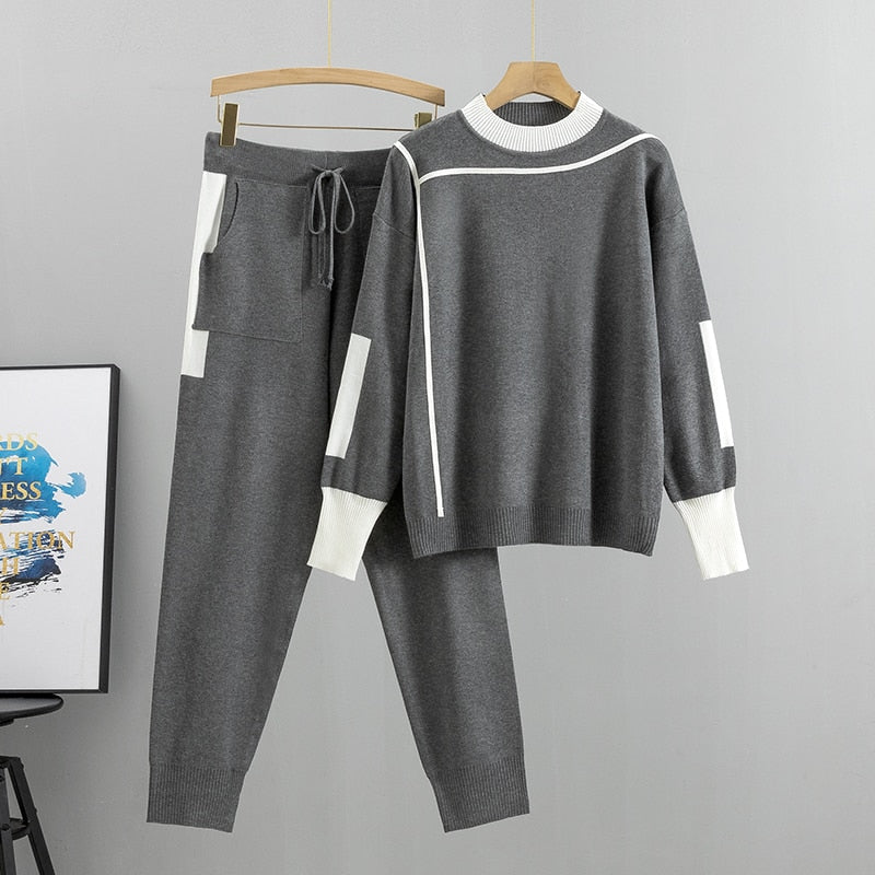 Autumn Runway 2 Pieces Set Knitted Long Sleeve Pullovers Sweater Casual Patchwork Fashion Women Tops and Pants Suits Spring Gray