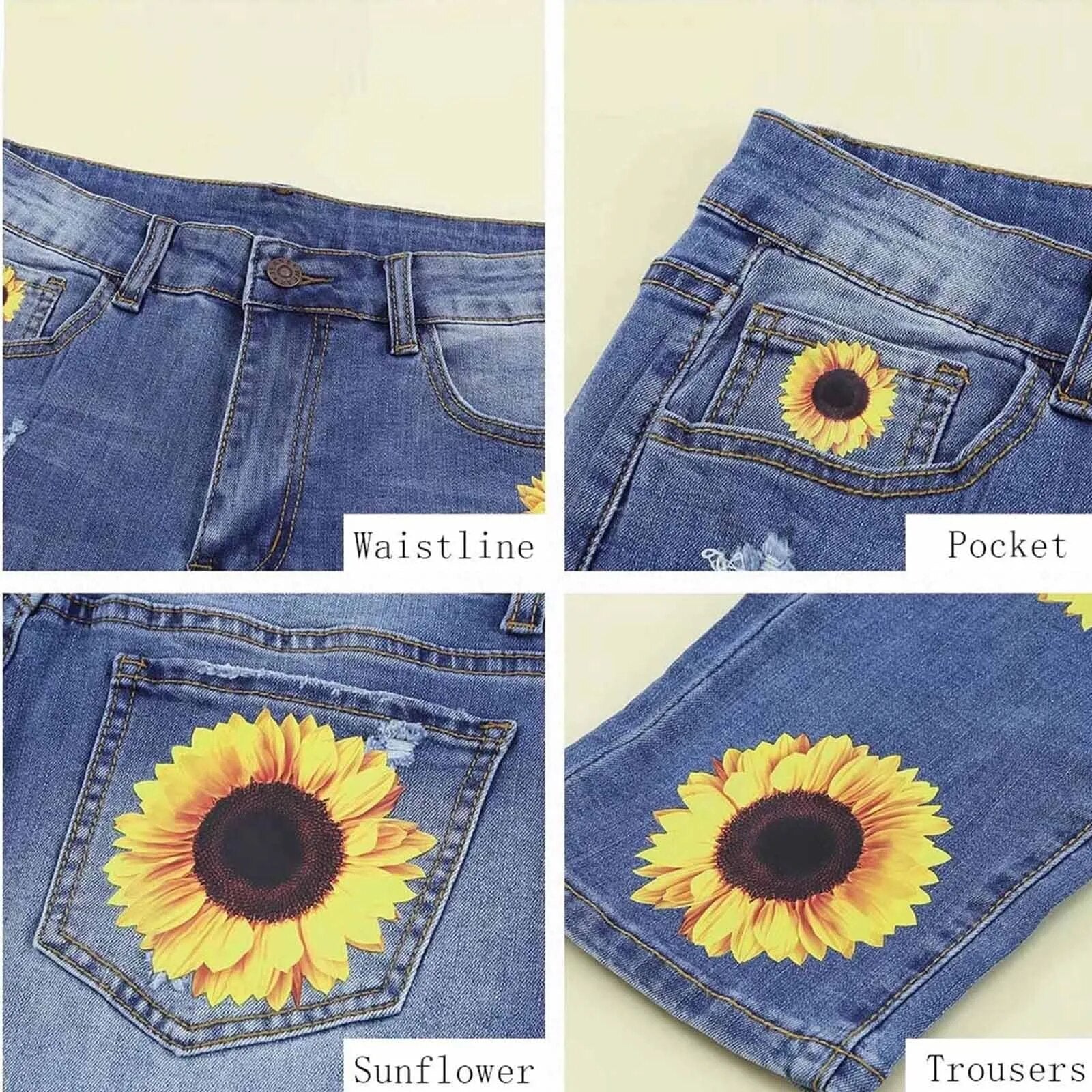 Women's Sunflower Print Ripped Jeans Patchworks Regular Fit Long Casual Denim Jeans Holes Trousers Streetwear Denim Pencil Pants