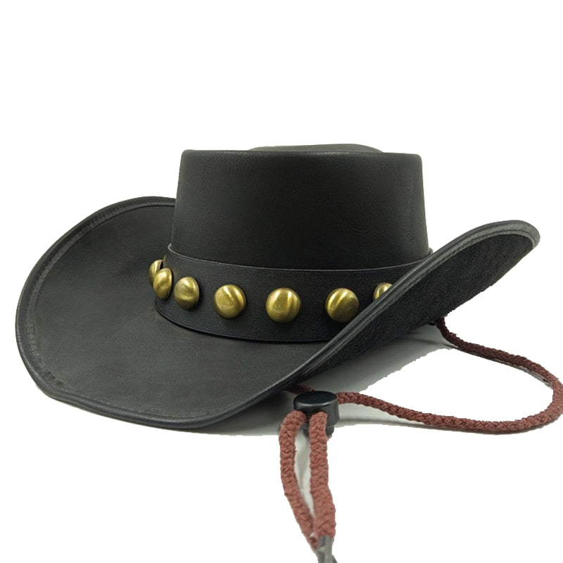 Retro Unisex Vintage Wide Brim Leather Cowboy Cowgirl Western Hat With Tassel Braid Leather Band Size 58-59CM 5 Spain 56-58cm
