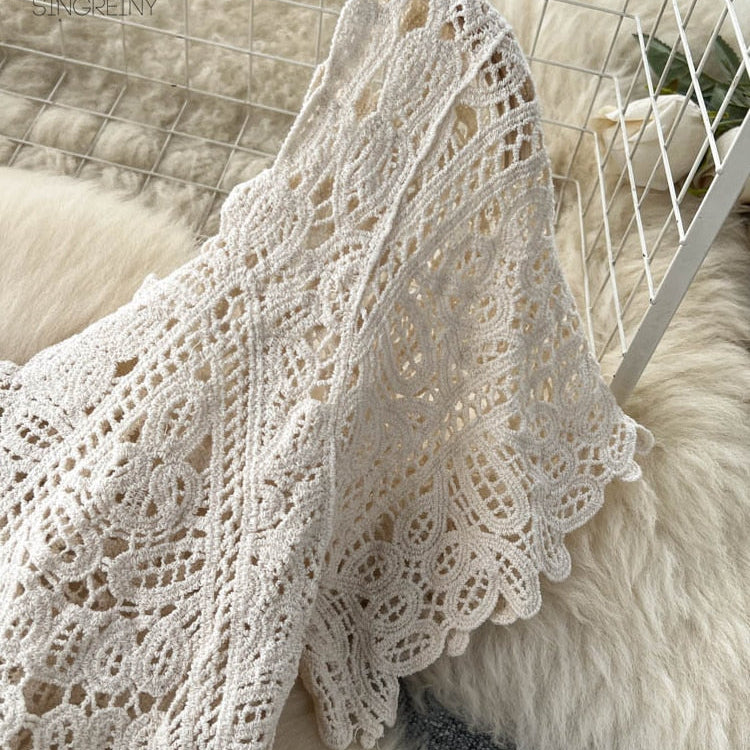 Loose Knit Long Dress Women V Neck Solid Hollow Out Design Retro Fashion Ladies Y2K Casual Summer Beach Dresses