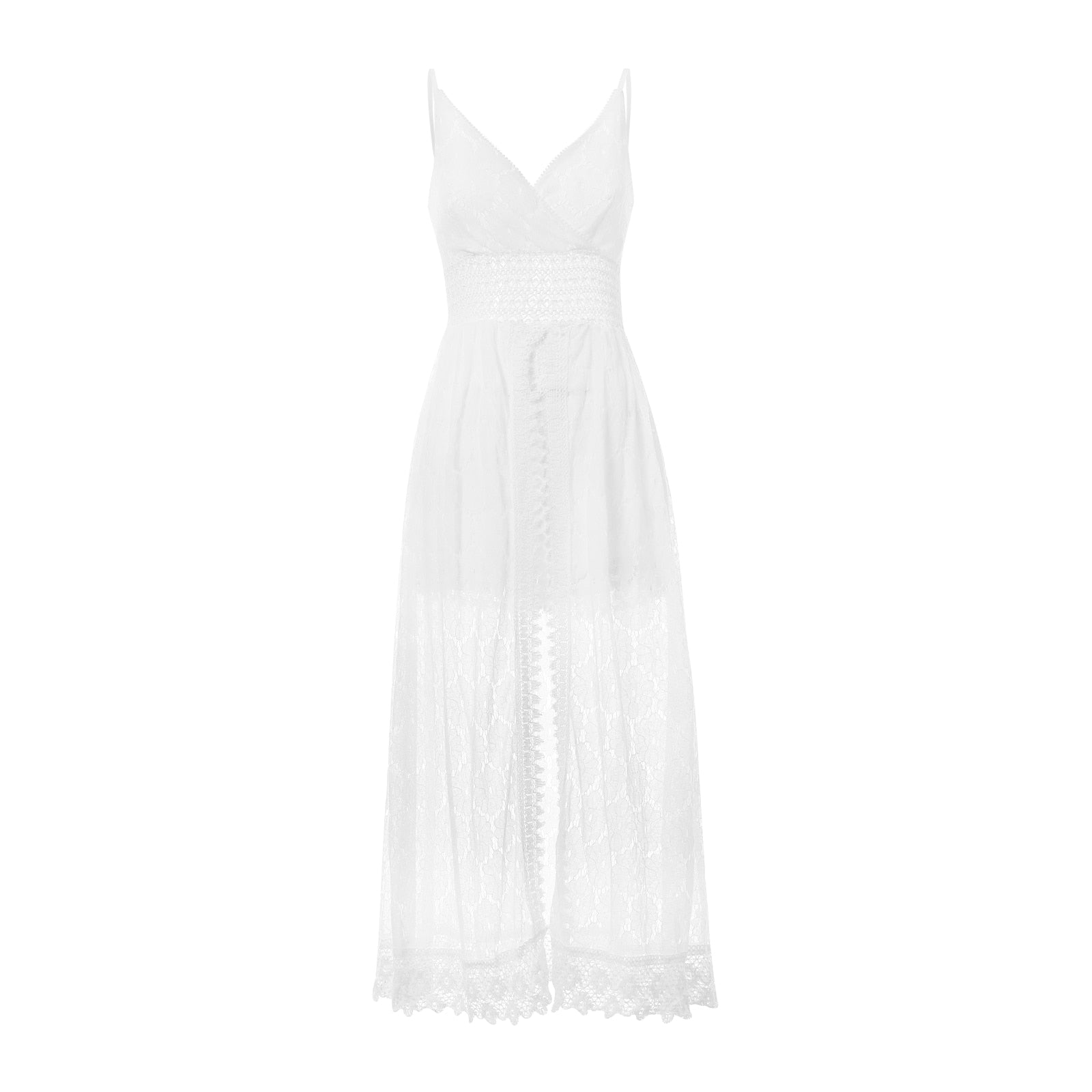 Summer V Neck Solid Color Lace Hollow-Out Sleeveless Sling Party Wear High Waist Rompers Holiday Casual White Women&#39;s Jumpsuit
