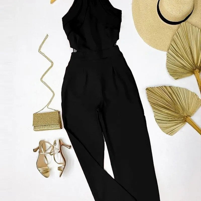 Elegant Europe and America New Solid Fashion Chain Neck Fold Sleeveless Sexy Office Lady Jumpsuit Women Summer OTTD Romper B