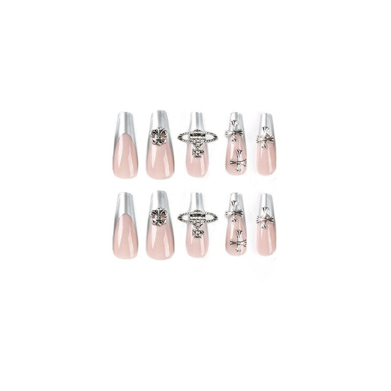 JP2347 Silver French Tip Press on Nails Wholesale Bulk,XXL Reusable Stick on Nails Set Press on