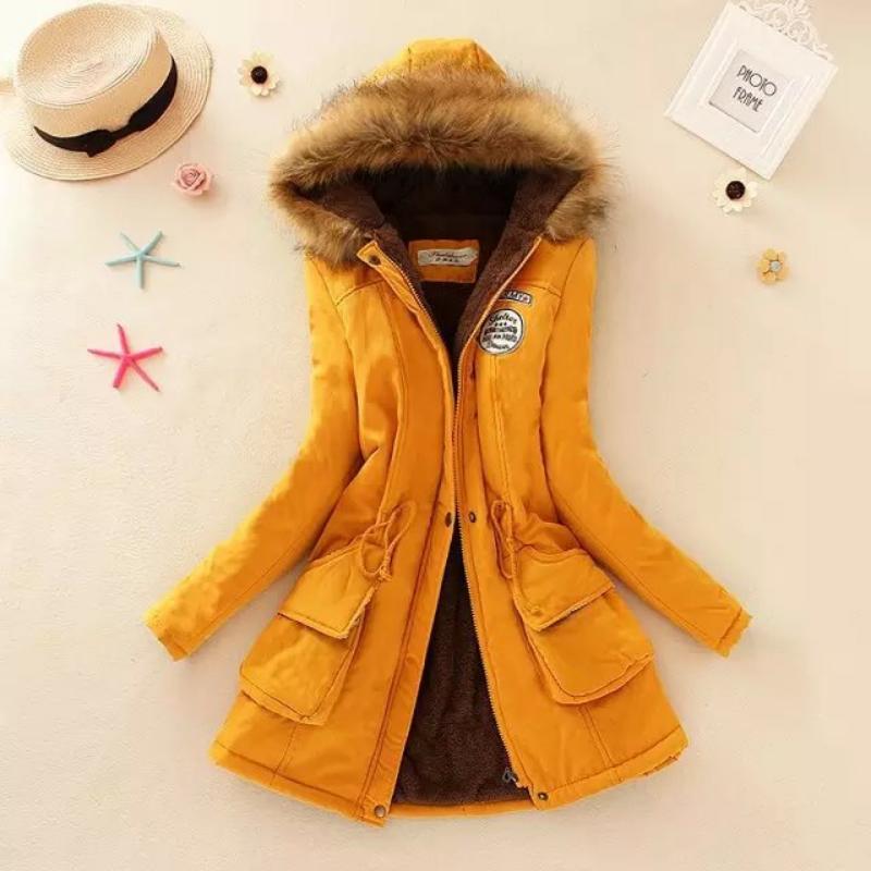 Women Autumn Winter Cotton Jacket Slim Warm Wadded Hooded Parkas Casual Mid Coats Emboridery Female Thick Outwear Overcoat Yellow