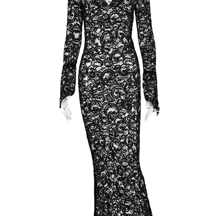 JULISSA MO 2023 Elegant Lace See Through V-neck Maxi Sexy Dress For Women Summer Chic Longsleeves Hollow Out Slim Floor Dress
