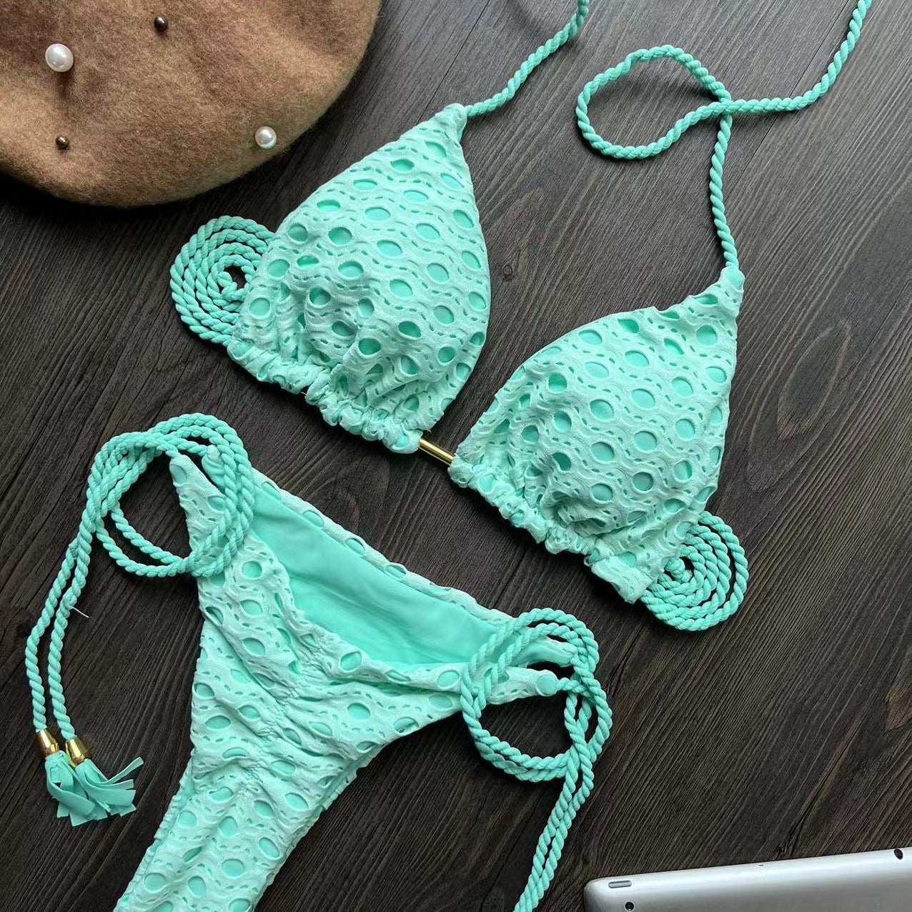 Sexy Bikini Set Swimsuit Mesh Swimwear Women white Bathing Suit Halter Top Patchwork Beachwear Women's Swimming Suit