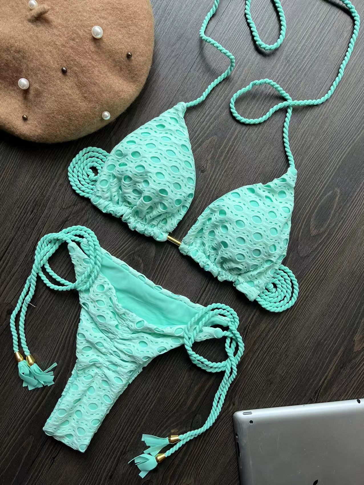 Sexy Bikini Set Swimsuit Mesh Swimwear Women white Bathing Suit Halter Top Patchwork Beachwear Women's Swimming Suit