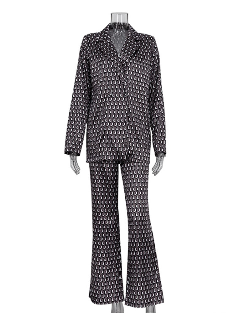 Autumn Winter Women Office Satin Suit Sets Printed V-neck Long Sleeve 2 Piece Pant Matching Set